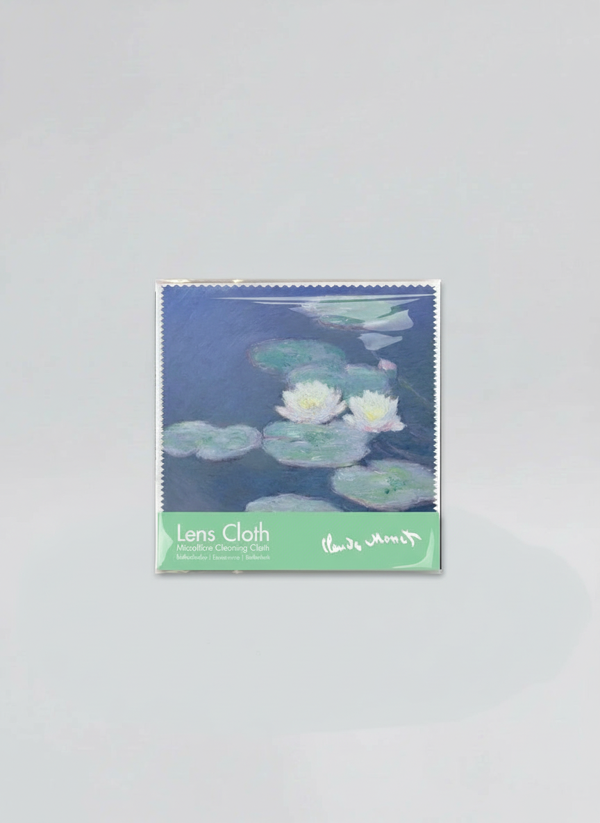 Packaged microfiber lens cloth set featuring Water Lilies in Evening Light by Claude Monet from ArtyGifts
