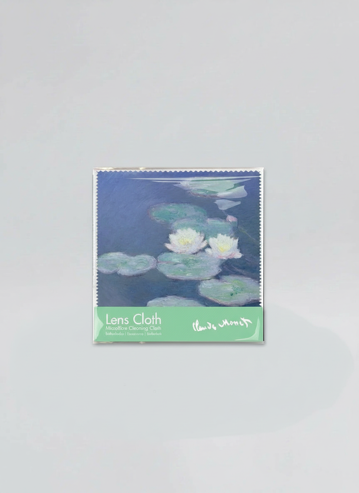 Packaged microfiber lens cloth set featuring Water Lilies in Evening Light by Claude Monet from ArtyGifts
