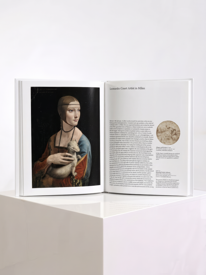 Open TASCHEN Leonardo art book showing Lady with an Ermine on the left and illustrated text under “Leonardo: Court Artist in Milan” on the right.
