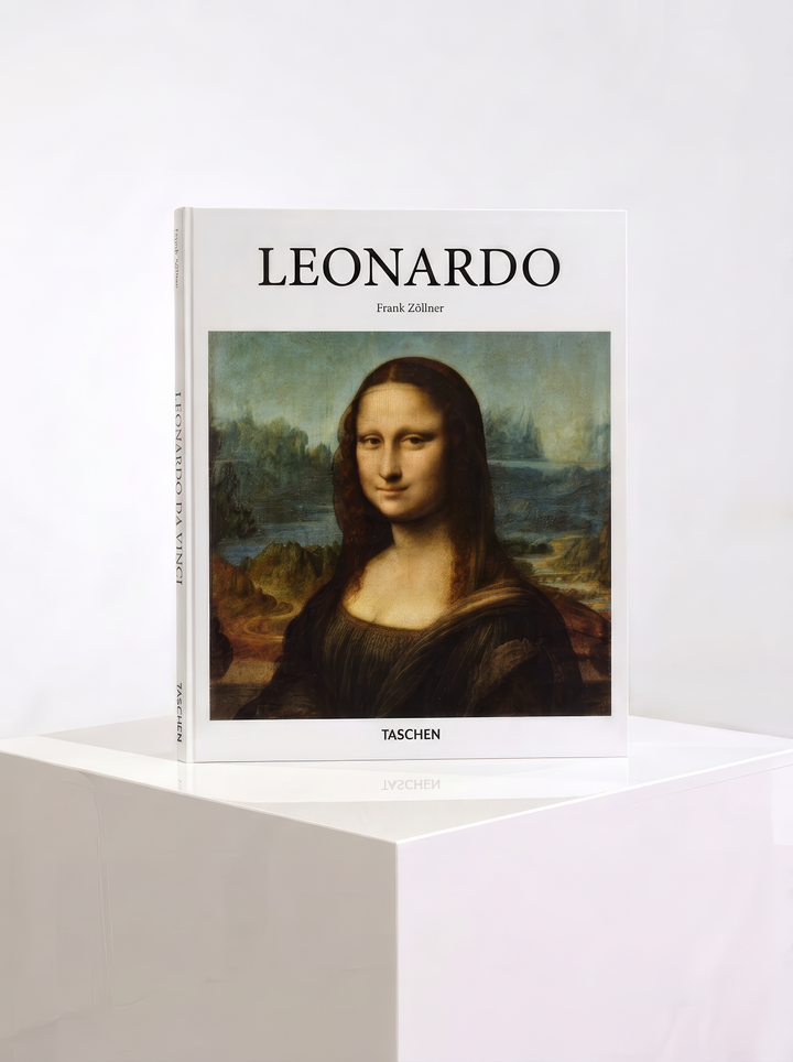 Leonardo hardcover art book by Frank Zöllner, published by TASCHEN, featuring the Mona Lisa on the cover, displayed on a white plinth.
