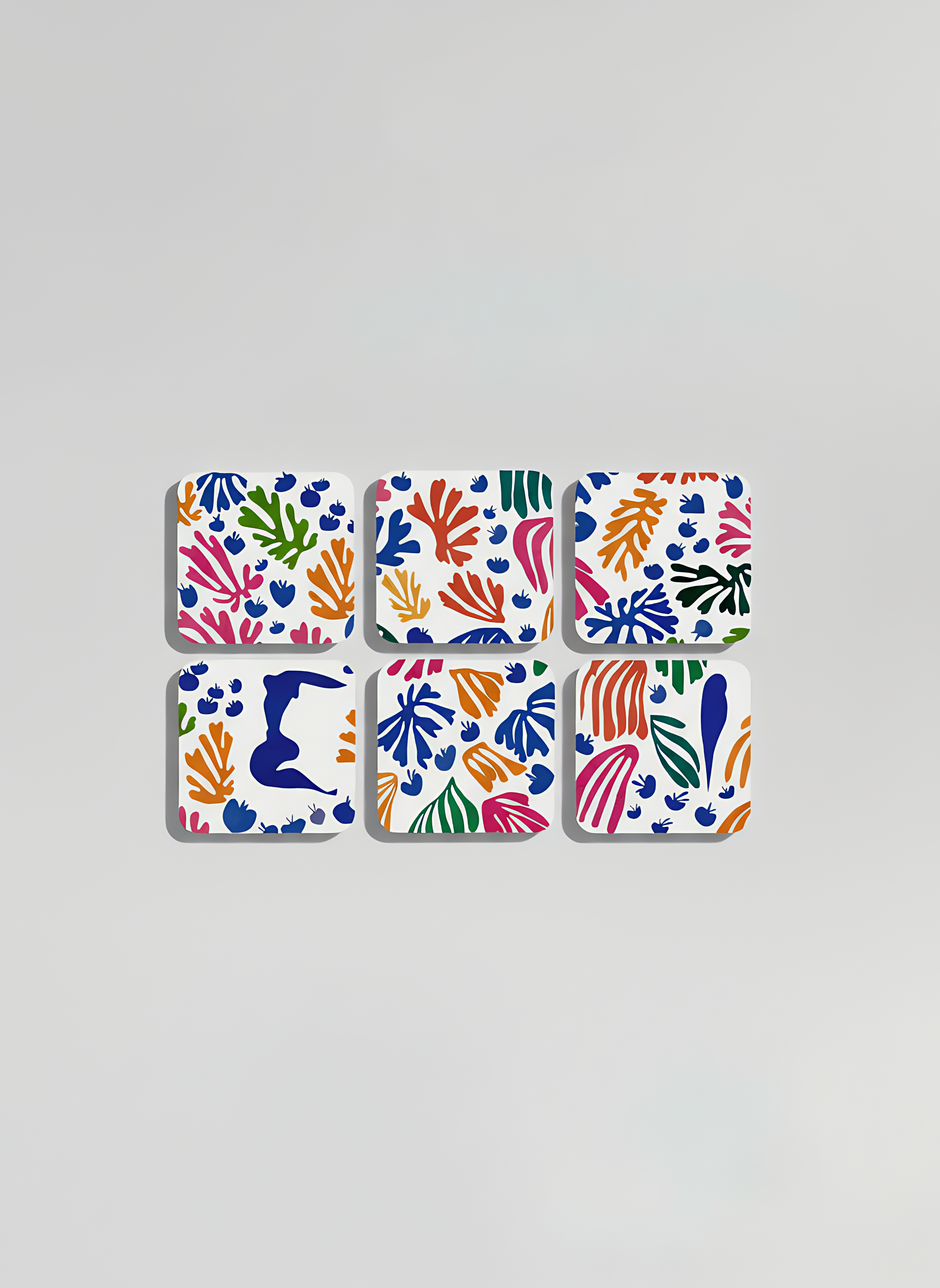 Set of 6 Matisse Parakeet and Mermaid cork coasters — colorful art souvenir gift for him or her | ArtyGifts