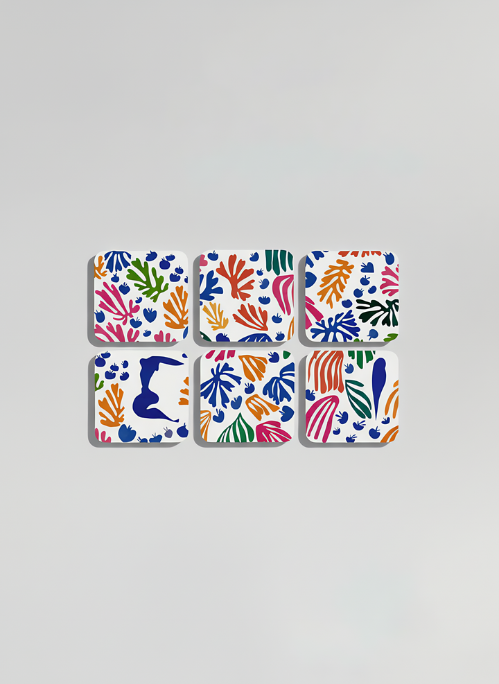 Set of 6 Matisse Parakeet and Mermaid cork coasters — colorful art souvenir gift for him or her | ArtyGifts