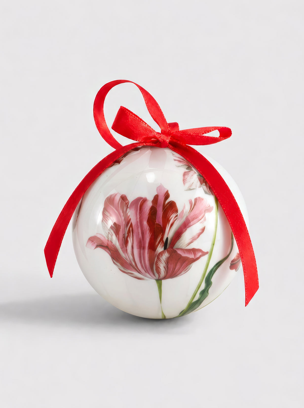 Merian Three Tulips Christmas bauble close-up with red ribbon – Rijksmuseum Collection art ornament from ArtyGifts