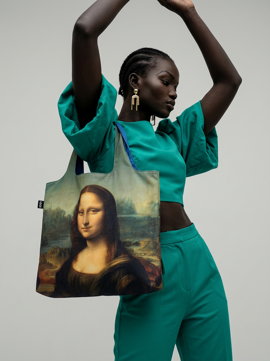 Mona Lisa foldable shopper bag worn by model with arms raised – Leonardo da Vinci art tote from ArtyGifts

