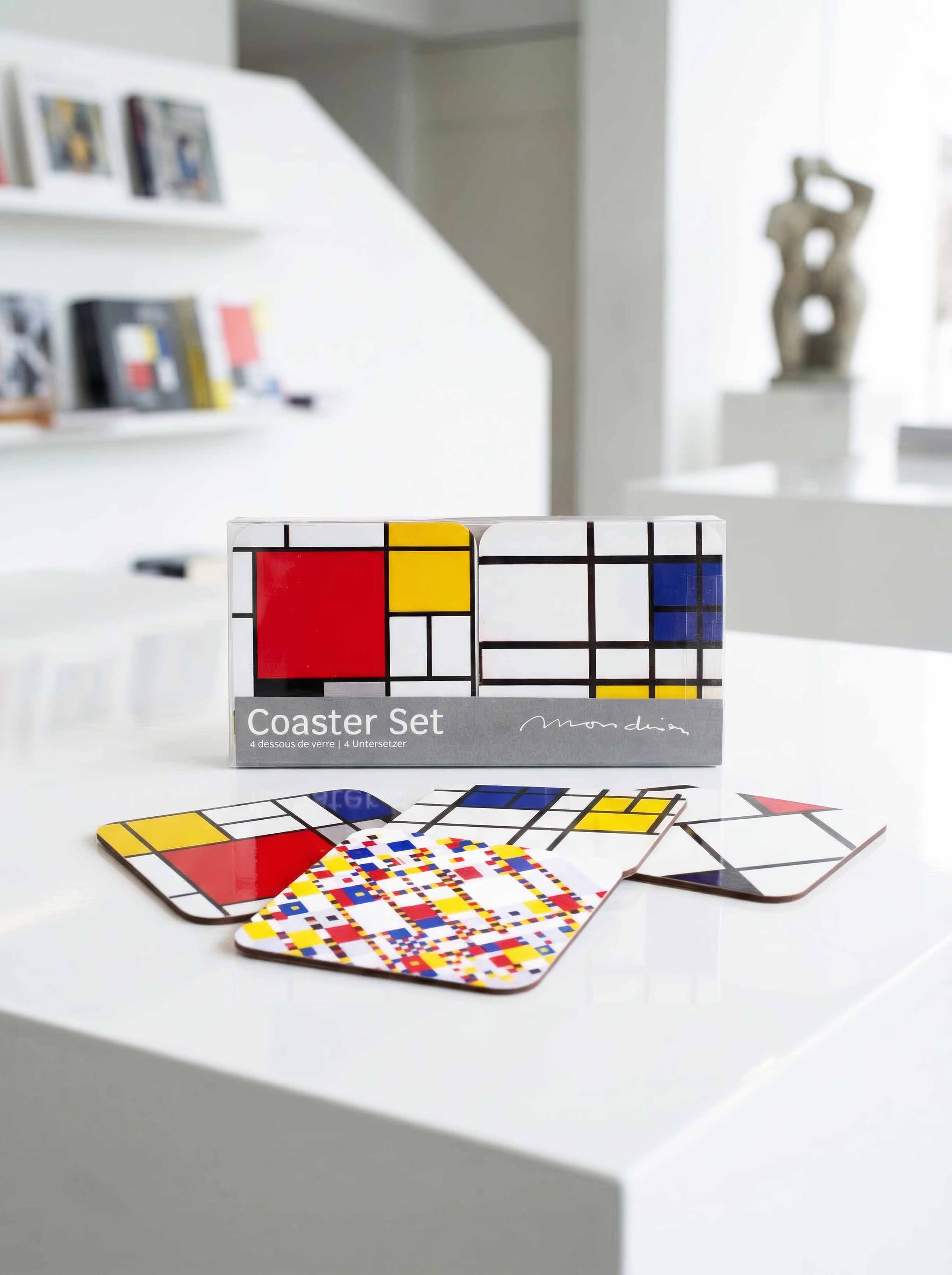 Mondrian Composition coaster set of 4 with gift box in museum setting — art souvenir gift for him or her | ArtyGifts