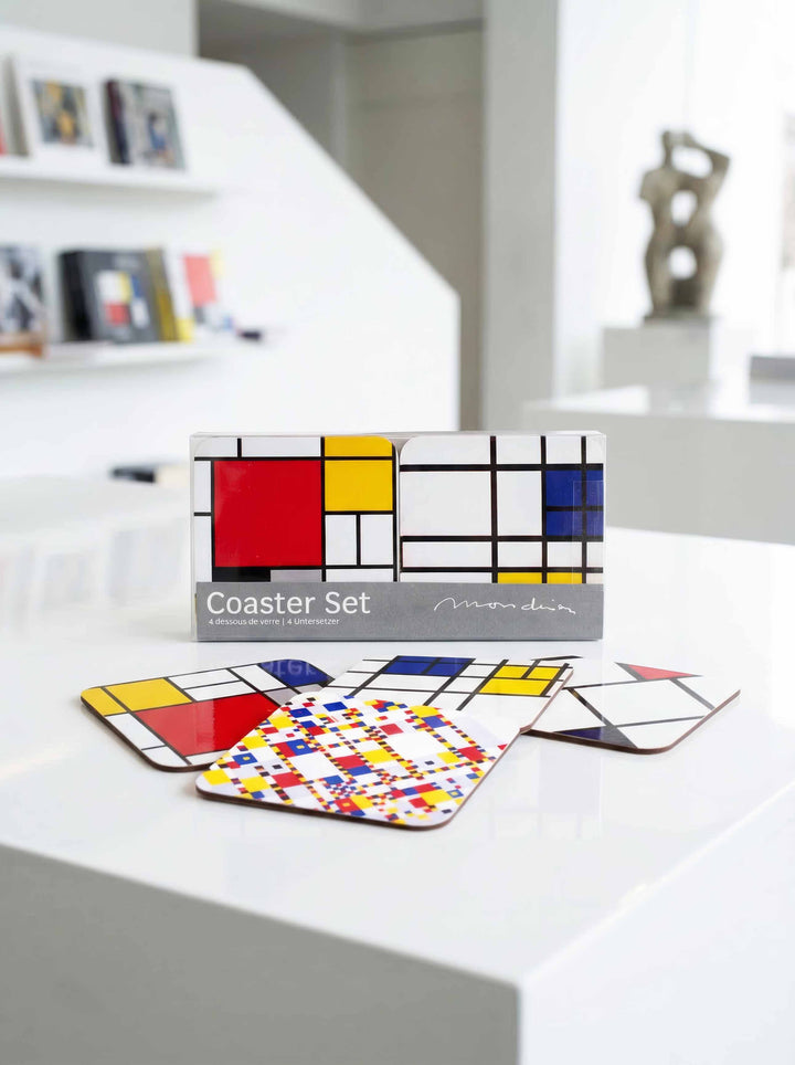 Mondrian Composition coaster set of 4 with gift box in museum setting — art souvenir gift for him or her | ArtyGifts