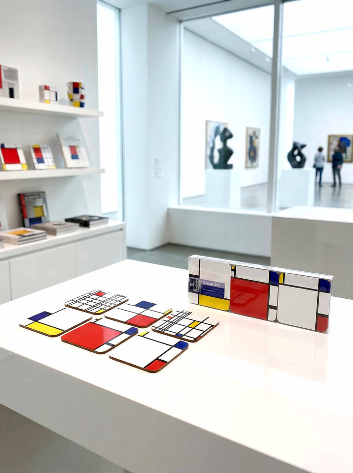 Mondrian Composition coaster set with gift box in museum setting — art souvenir gift for him or her | ArtyGifts