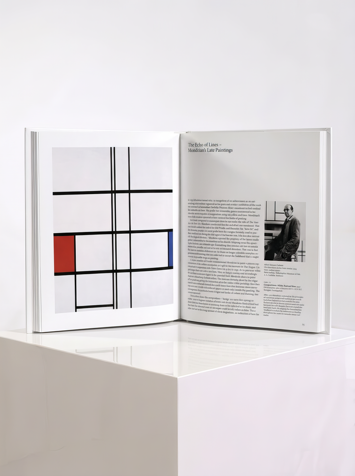 Open TASCHEN Mondrian art book showing a geometric composition with black lines and a red colour block on the left, and text with a smaller image on the right.
