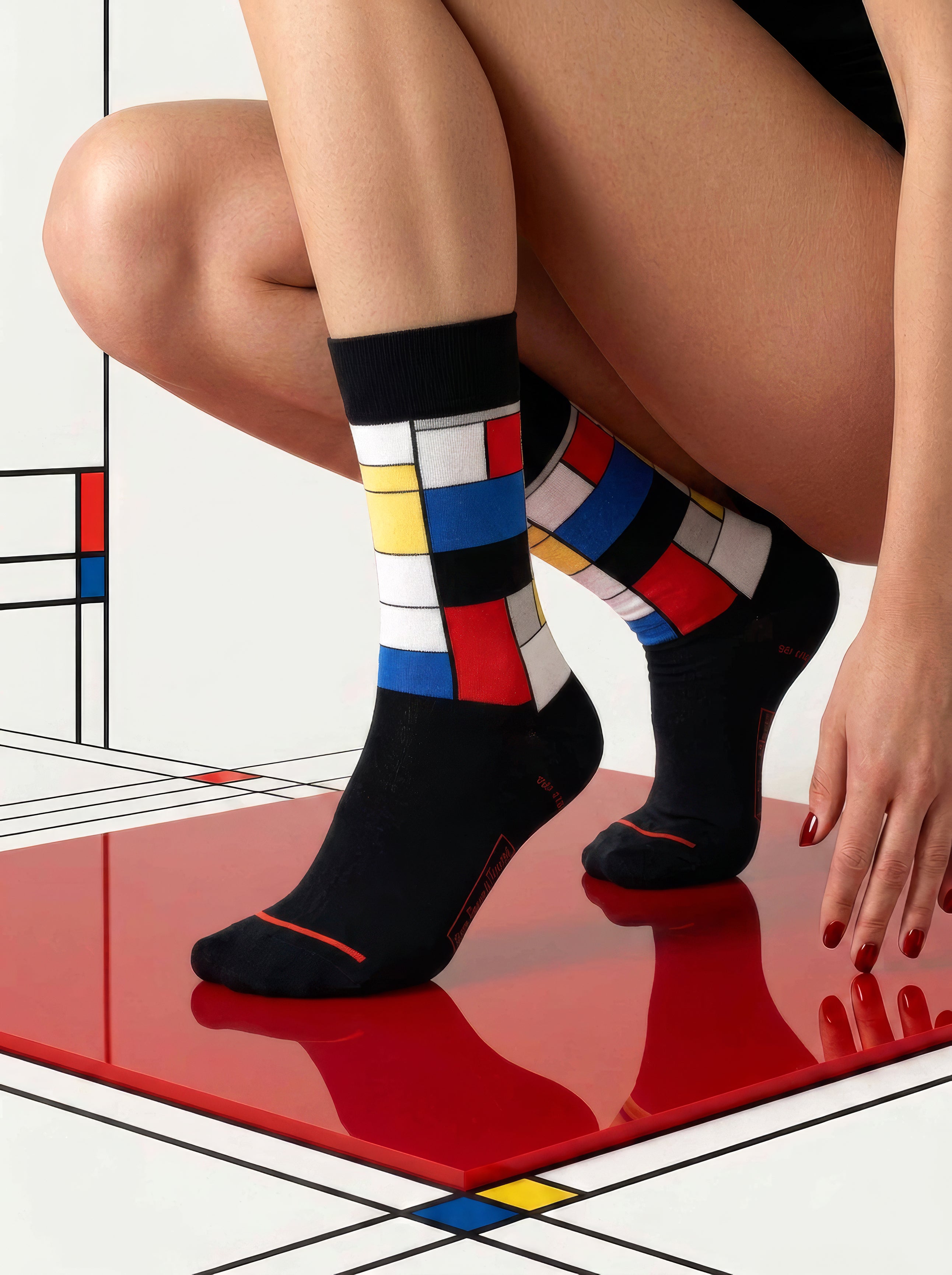 Mondrian Composition art socks on Mondrian grid floor – museum art gift from ArtyGifts
