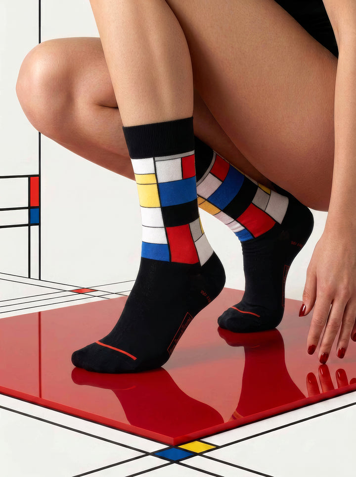 Mondrian Composition art socks on Mondrian grid floor – museum art gift from ArtyGifts
