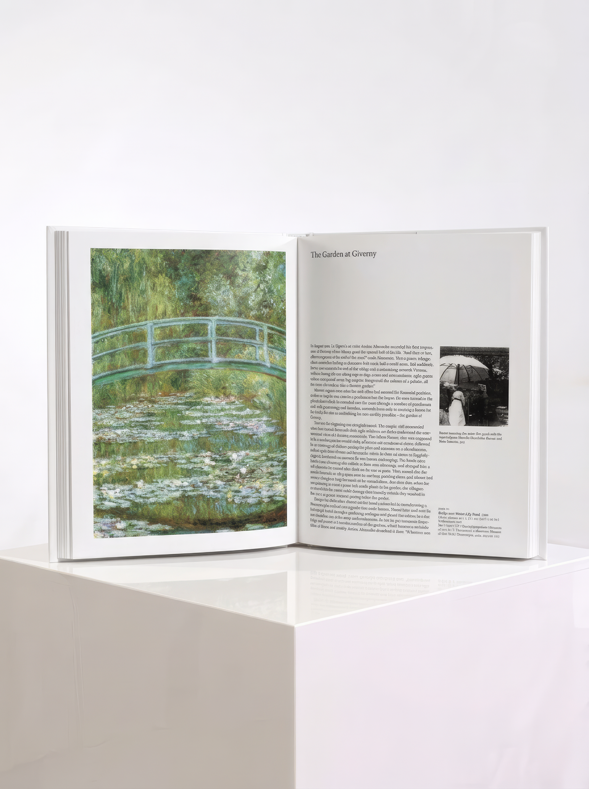Open TASCHEN Monet art book showing a bridge over a water lily pond on the left and “The Garden at Giverny” text on the right.
