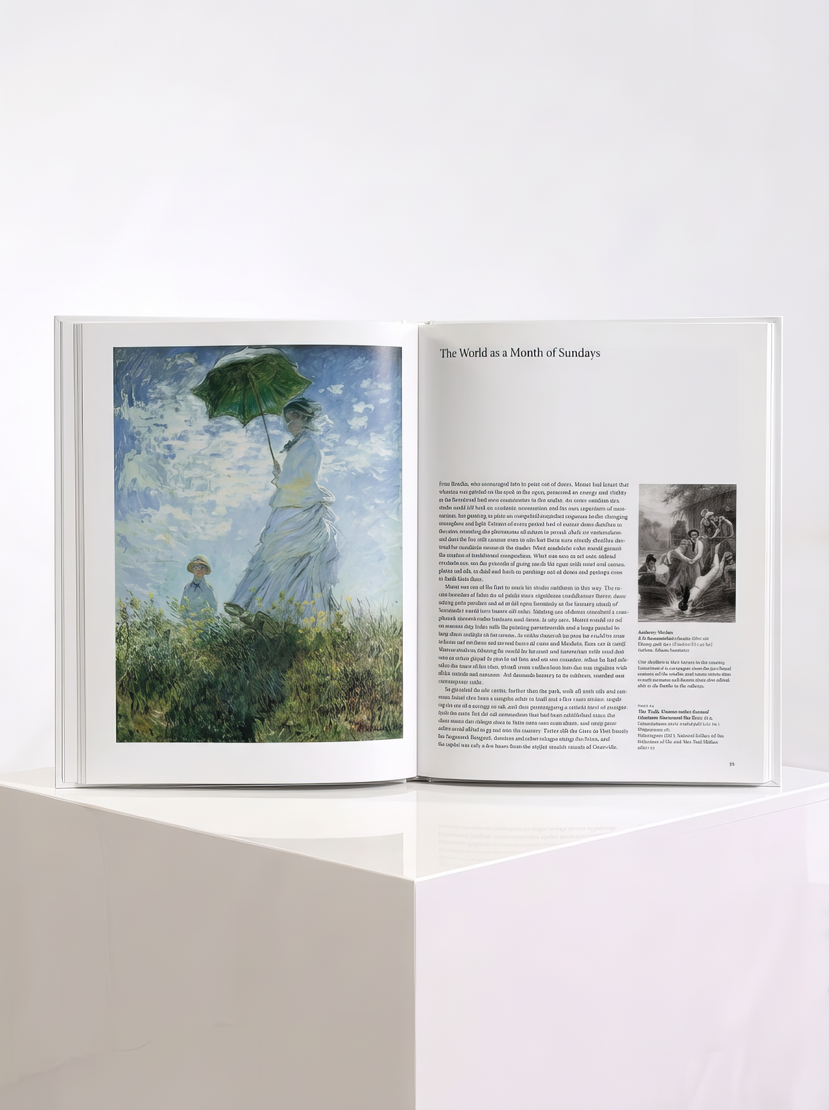 Open TASCHEN Monet art book showing a woman with a parasol on the left and illustrated text under “The World as a Month of Sundays” on the right.
