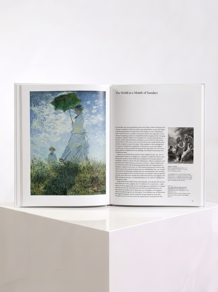 Open TASCHEN Monet art book showing a woman with a parasol on the left and illustrated text under “The World as a Month of Sundays” on the right.

