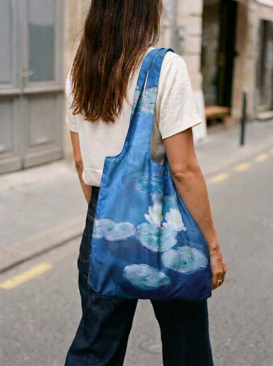 Monet Water Lilies foldable shopper bag worn by model on city street – museum art tote from ArtyGifts