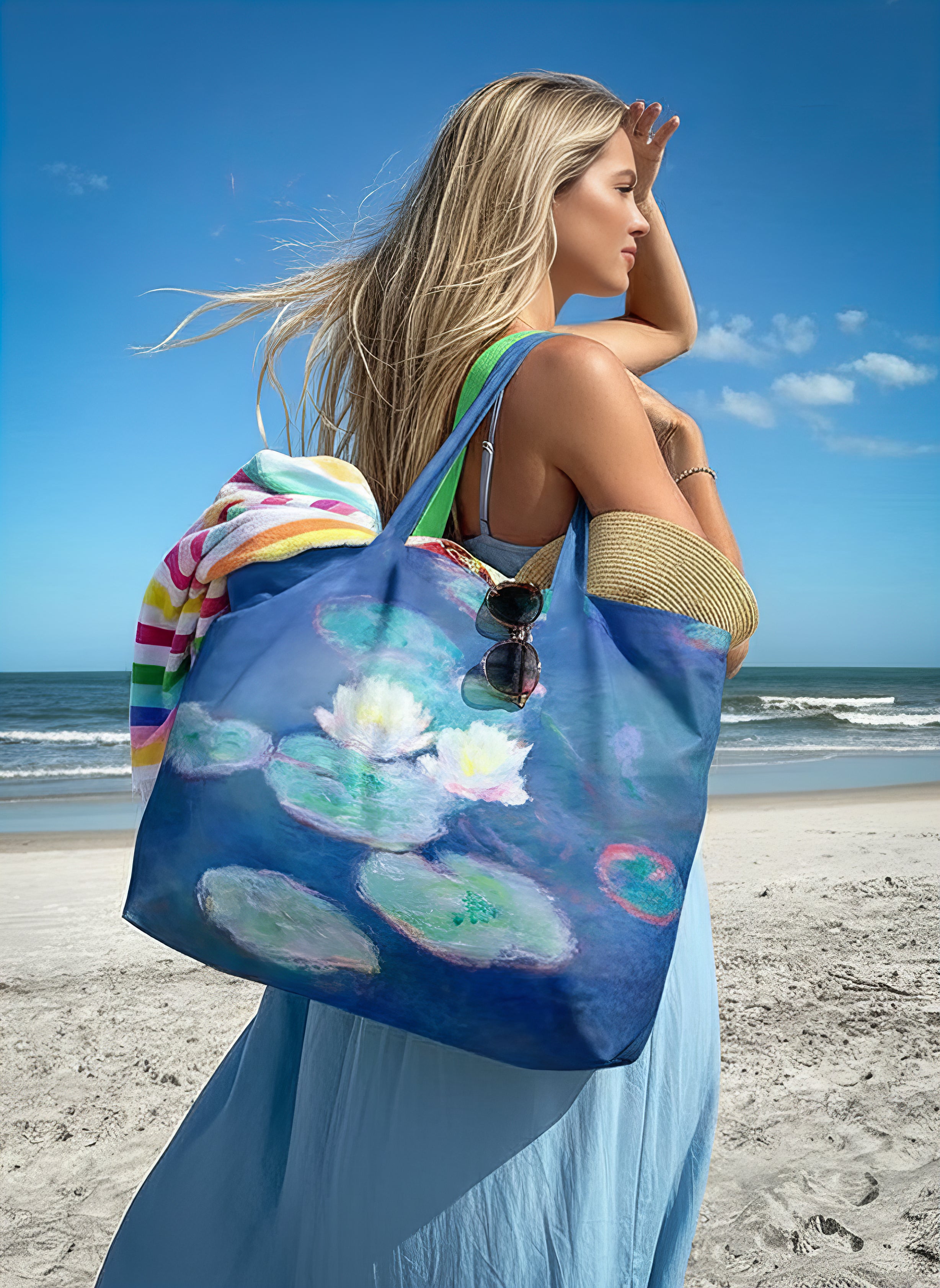 Monet Water Lilies foldable shopper bag worn by model on beach – museum art gift from ArtyGifts