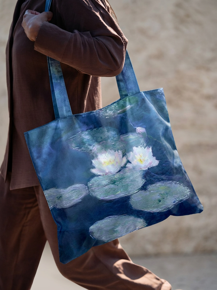Monet Water Lilies foldable shopper bag carried on city street – museum art tote from ArtyGifts