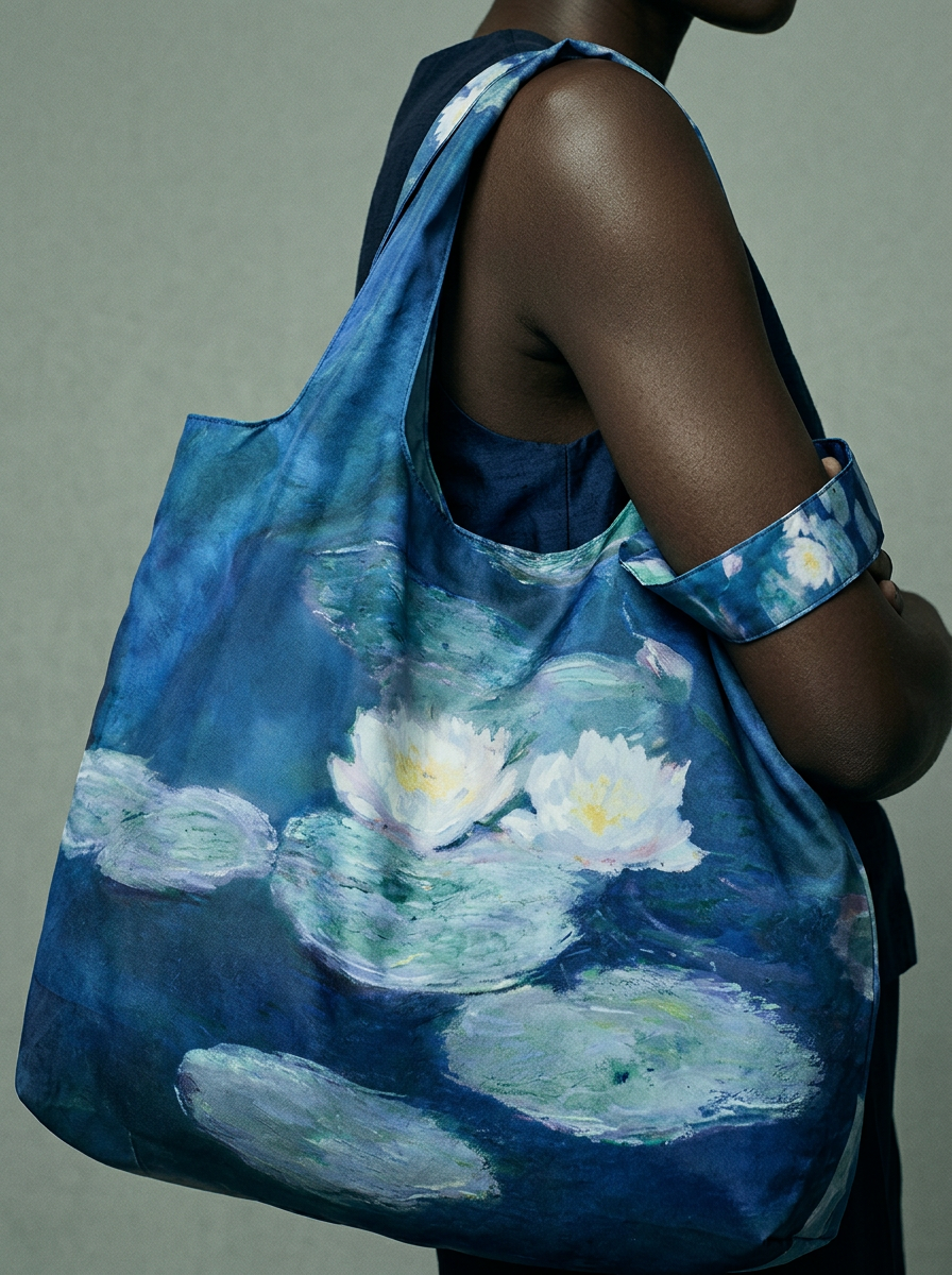 Monet Water Lilies foldable shopper bag worn by model – museum art tote from ArtyGifts