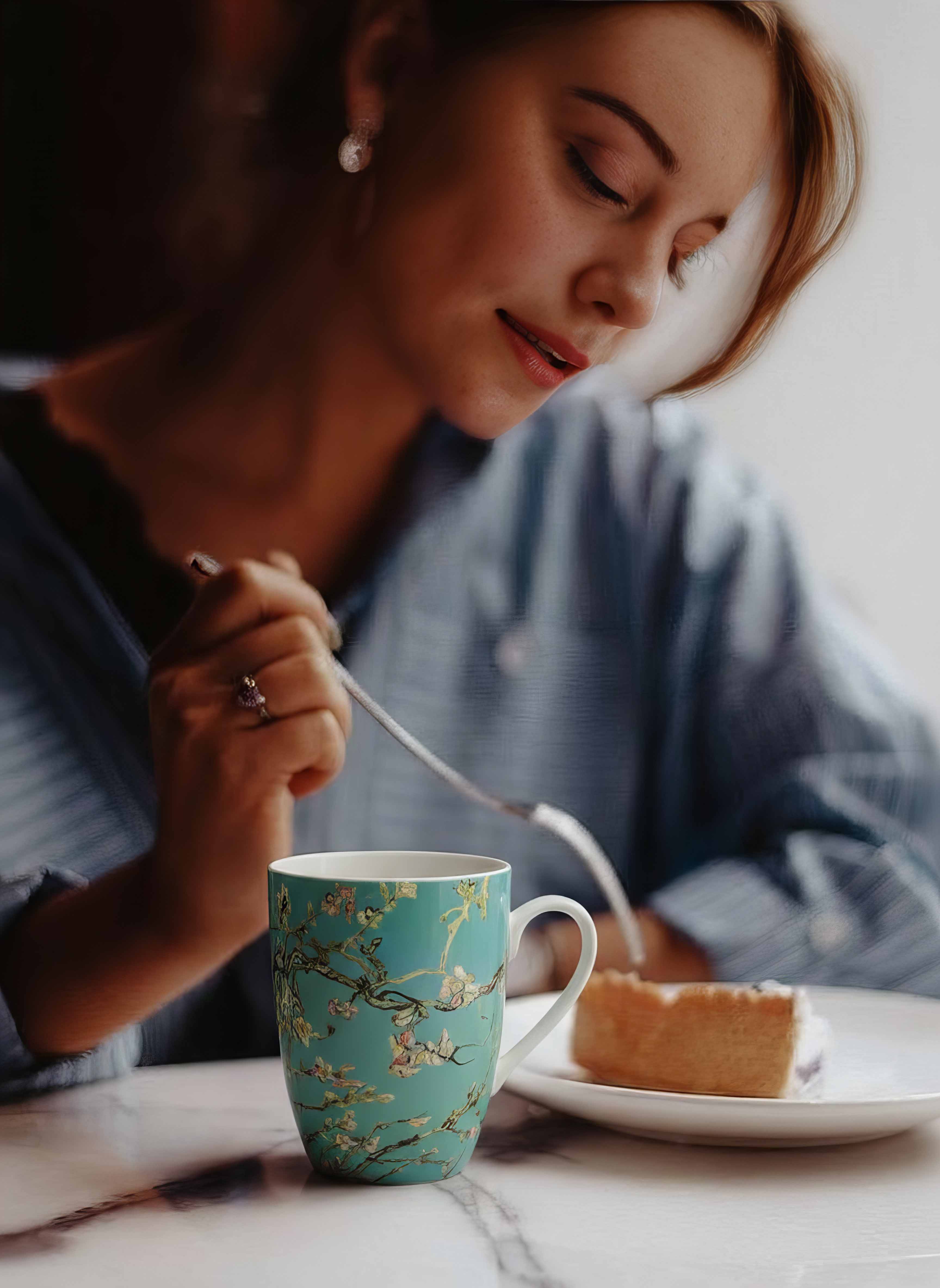 Porcelain Mug Set of 2 Almond Blossom Vincent van Gogh – lifestyle woman drinking coffee | ArtyGifts
