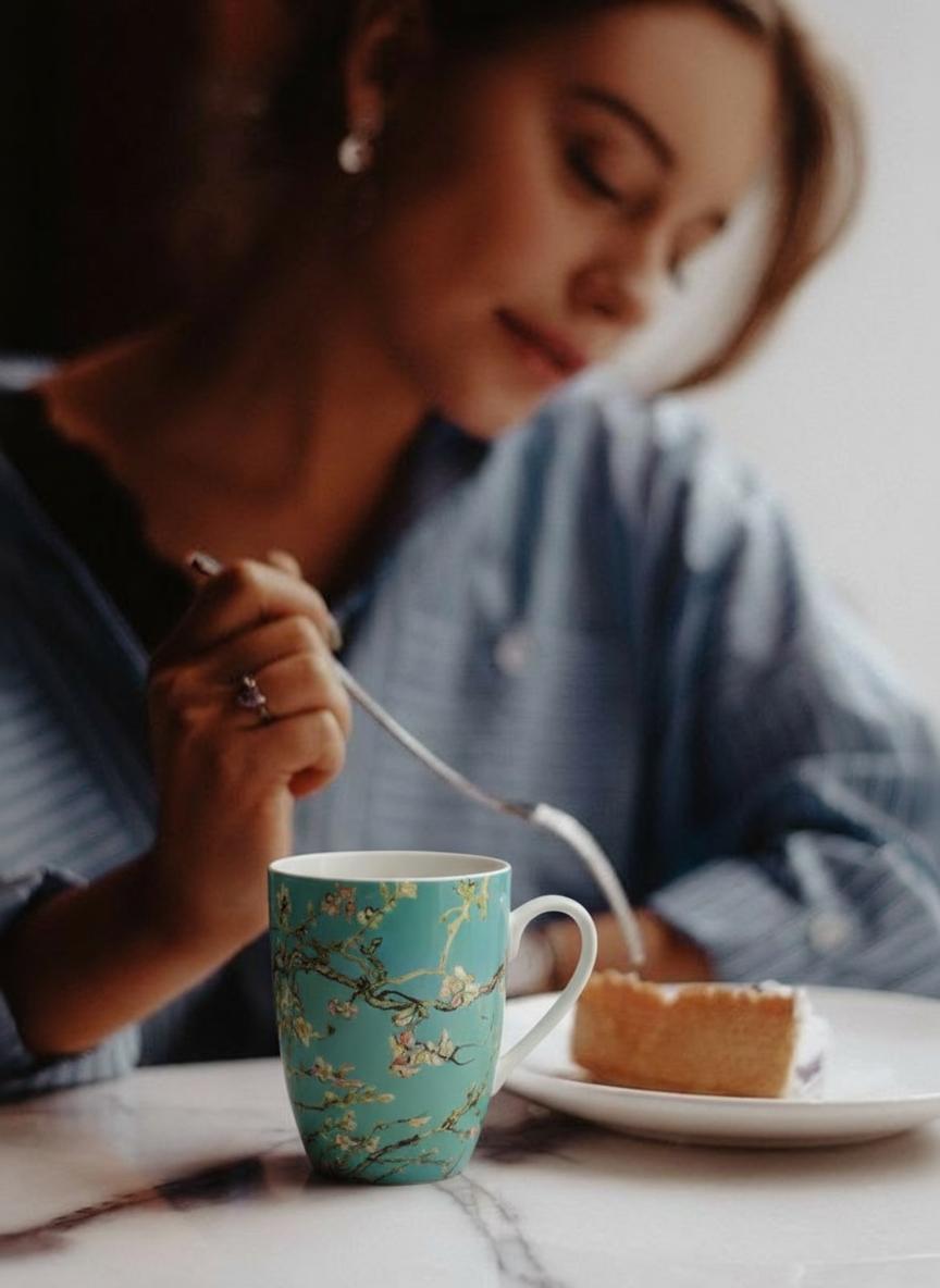 Van Gogh Almond Blossom porcelain mug – woman stirring coffee with cake, ArtyGifts