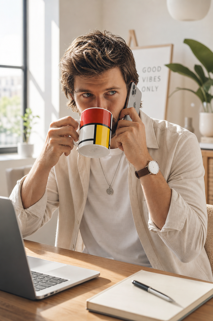 Man drinking from Composition Red, Blue and Yellow mug by Piet Mondrian — ArtyGifts Mug Set
