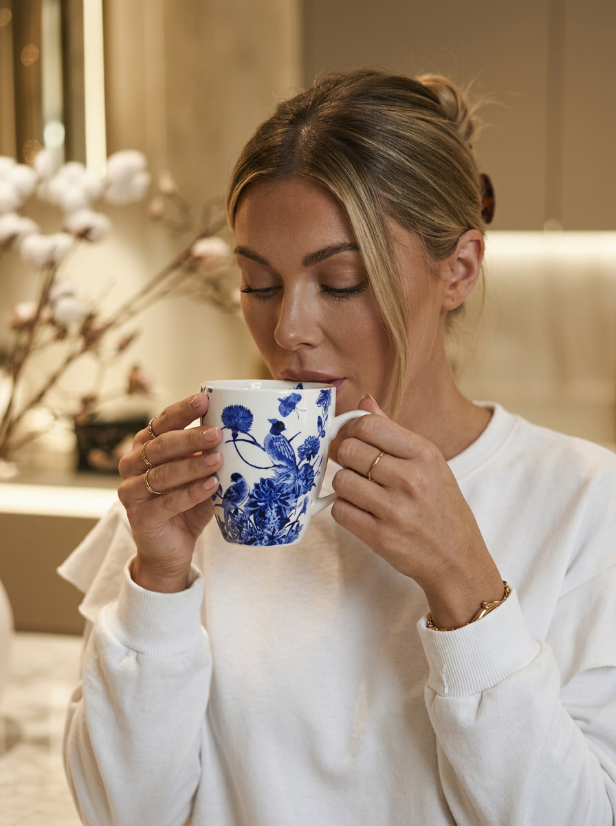 Woman drinking from Delft Blue Birds porcelain mug — Rijksmuseum x ArtyGifts
