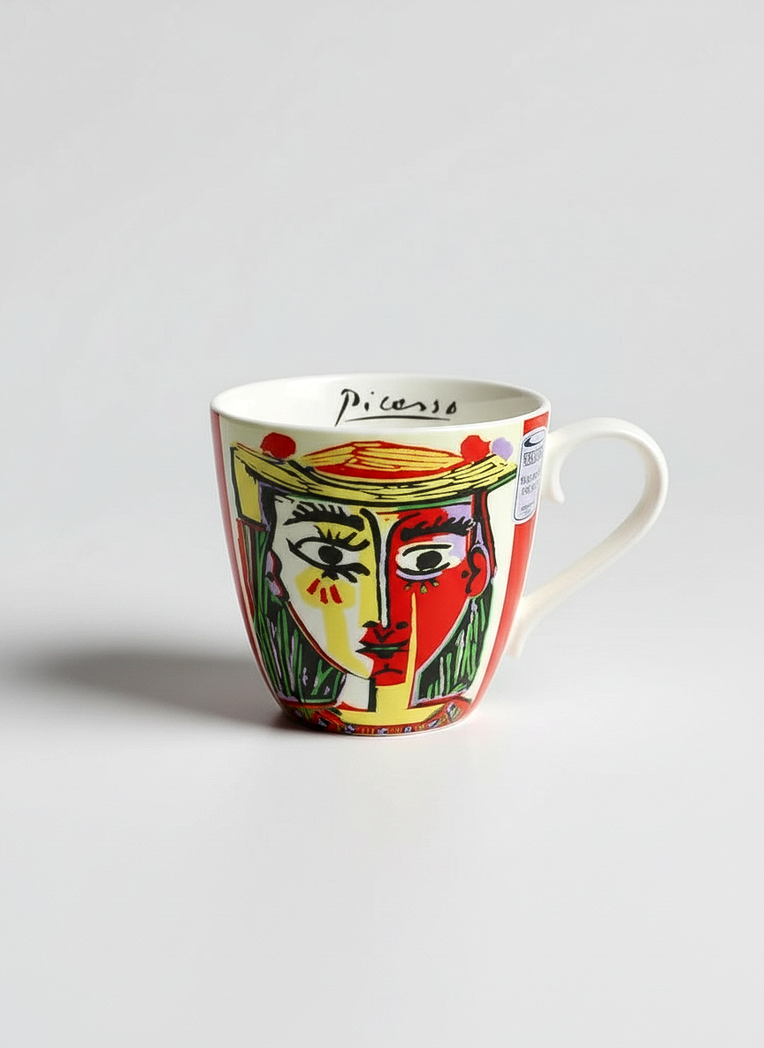 Picasso Femme Au Chapeau porcelain mug front view – colorful portrait art design, ArtyGifts
