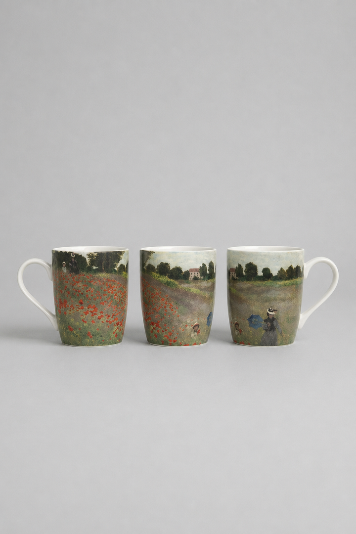 Two art mugs featuring Field with Poppies by Claude Monet from ArtyGifts
