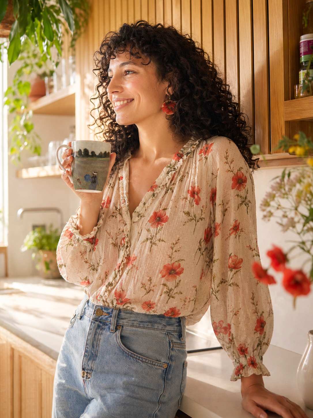 Woman enjoying coffee outdoors from an art mug set featuring Field with Poppies by Claude Monet from ArtyGifts
