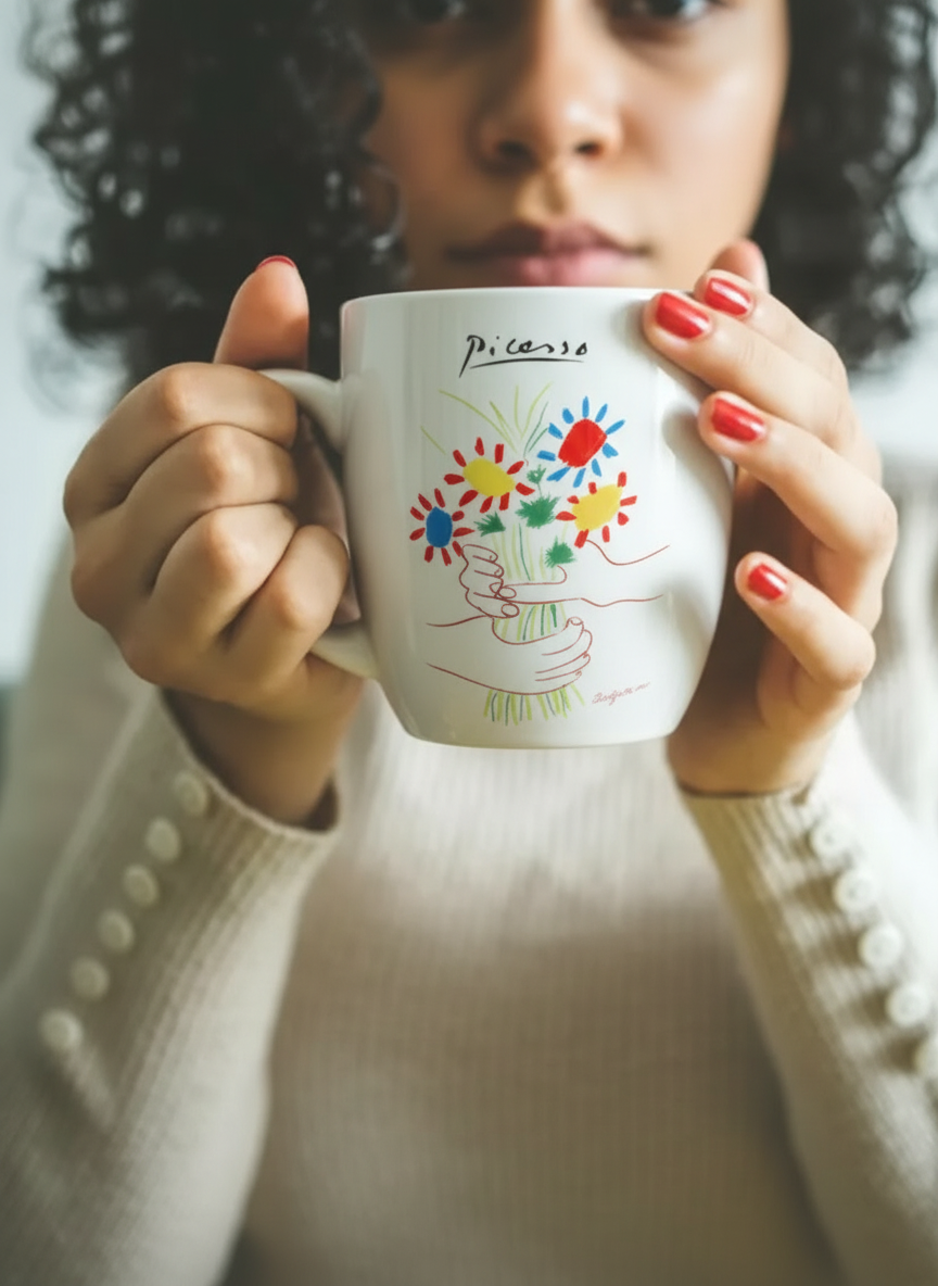 Picasso La Bouquet de l'Amitié porcelain mug – woman holding mug with floral design, ArtyGifts