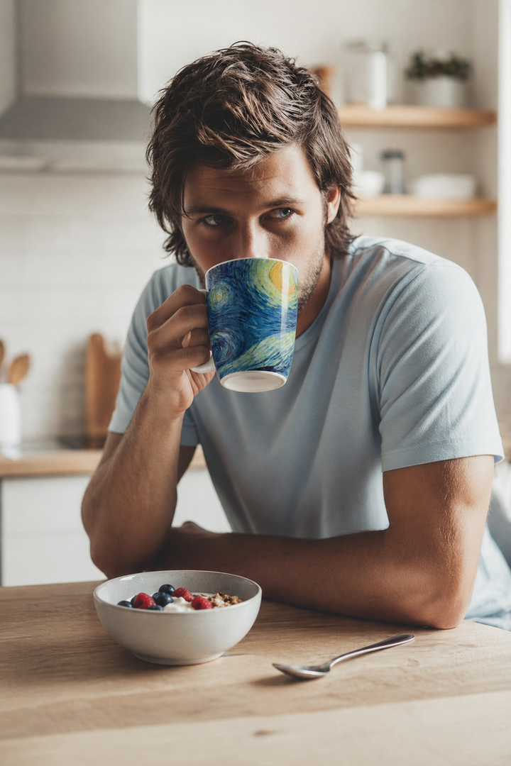Man enjoying coffee from an art mug set featuring Starry Night by Vincent van Gogh from ArtyGifts
