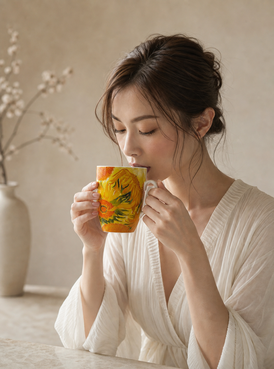 Woman drinking from Sunflowers mug by Vincent van Gogh — ArtyGifts Mug Set
