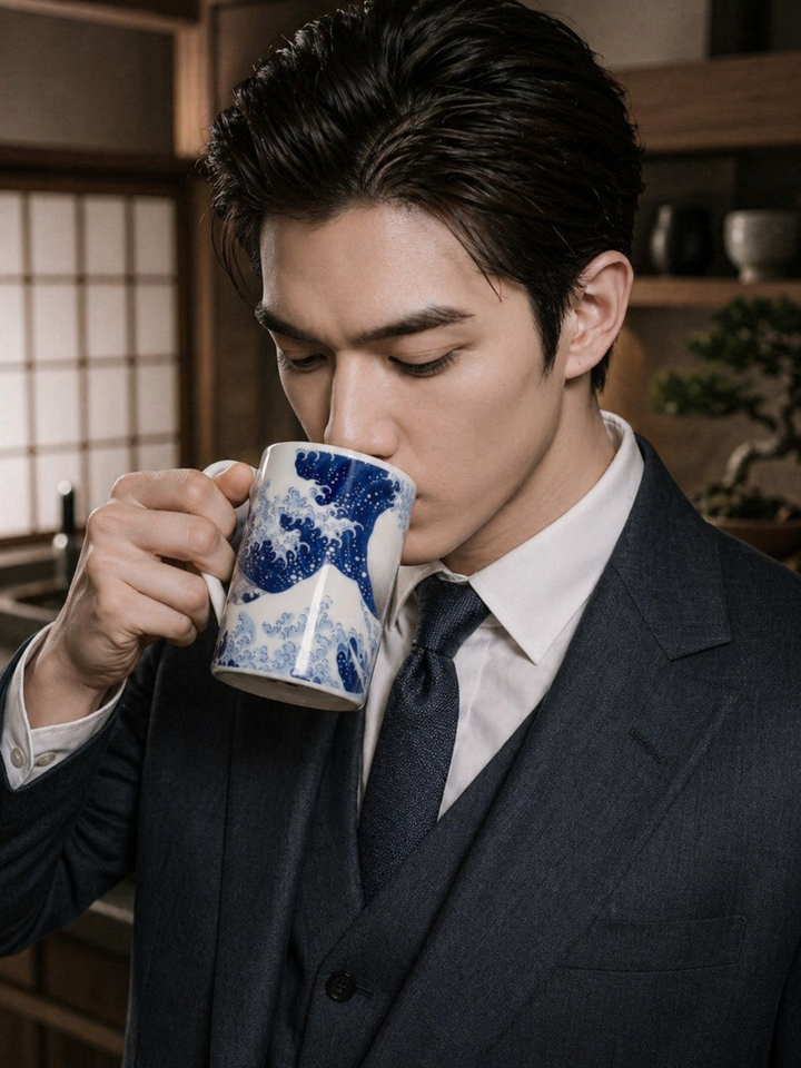 Man holding an art mug featuring The Great Wave by Katsushika Hokusai from ArtyGifts
