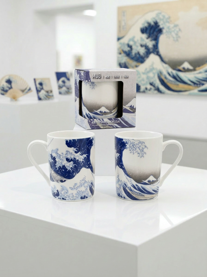 Art mug set featuring The Great Wave by Katsushika Hokusai, displayed on a white pedestal from ArtyGifts
