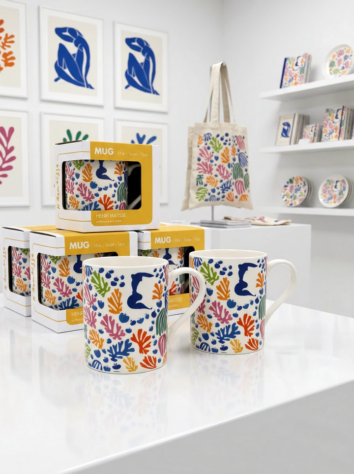 Matisse The Parakeet and the Mermaid porcelain mug set – gallery display with gift box, ArtyGifts Stedelijk Museum