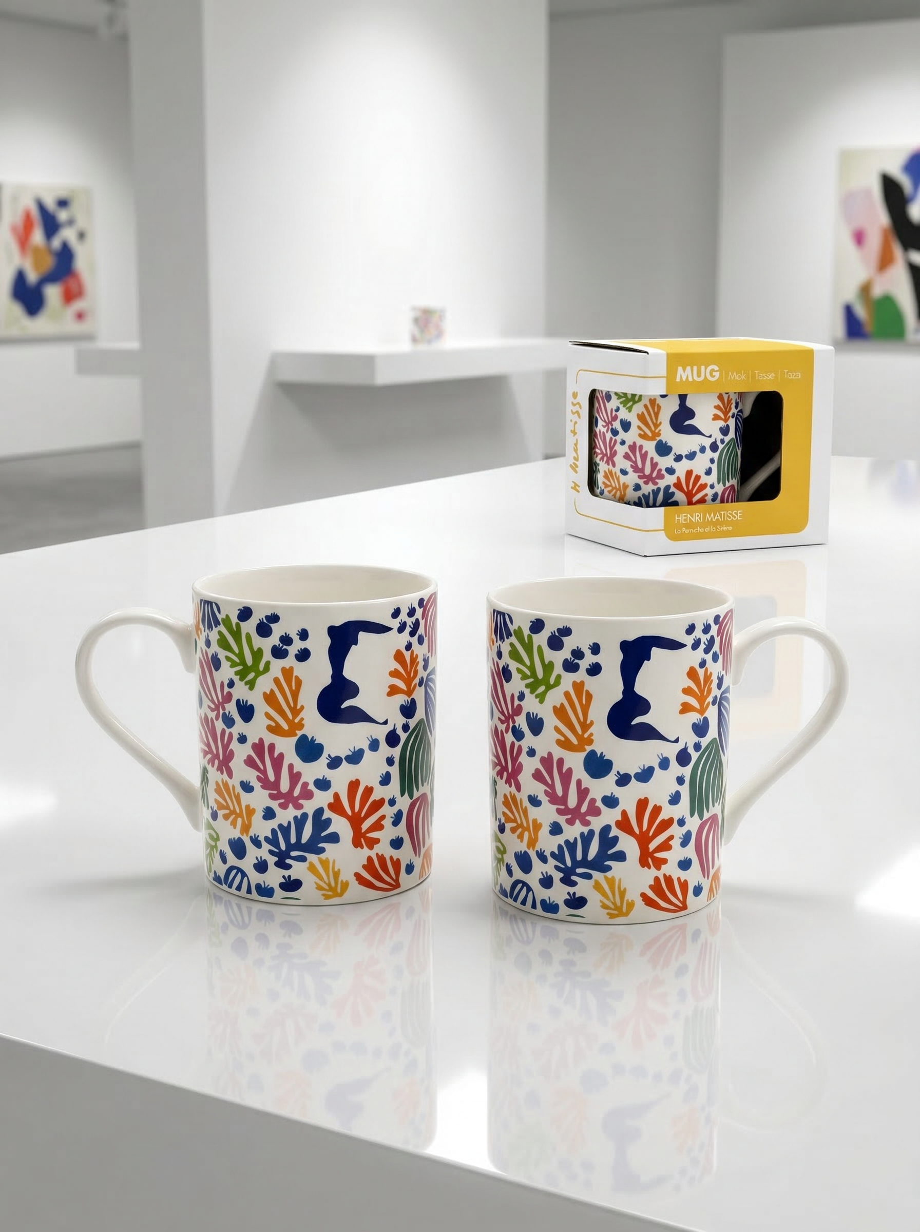 Matisse The Parakeet and the Mermaid porcelain mug set with yellow gift box, ArtyGifts