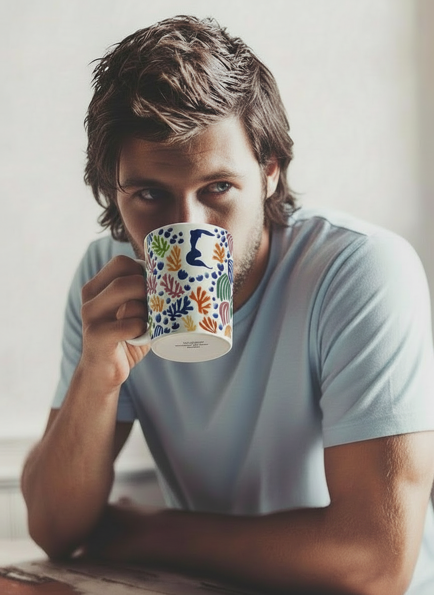 Matisse The Parakeet and the Mermaid porcelain mug – man drinking from mug, ArtyGifts
