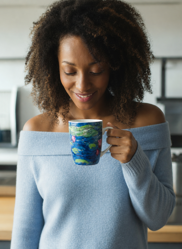 Woman drinking coffee from an art mug featuring Water Lilies by Claude Monet from ArtyGifts
