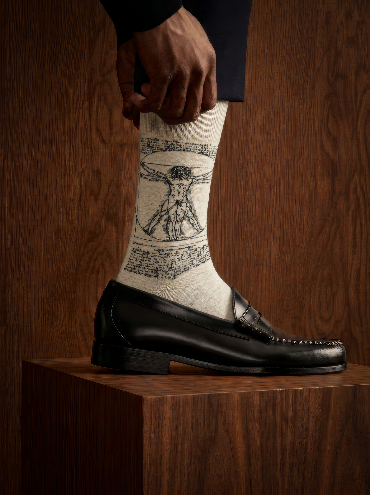 Cream art socks with detailed black illustrations, worn with a black leather shoe resting on a wooden plinth in a dimly lit setting.
