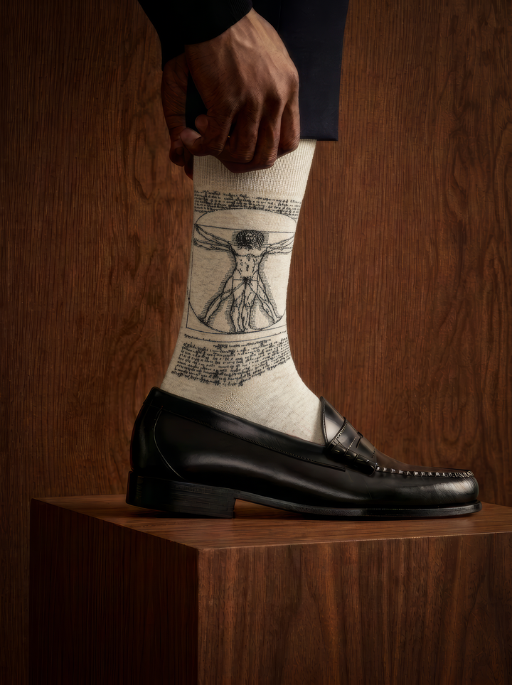Cream art socks with detailed black illustrations, worn with a black leather shoe resting on a wooden plinth in a dimly lit setting.

