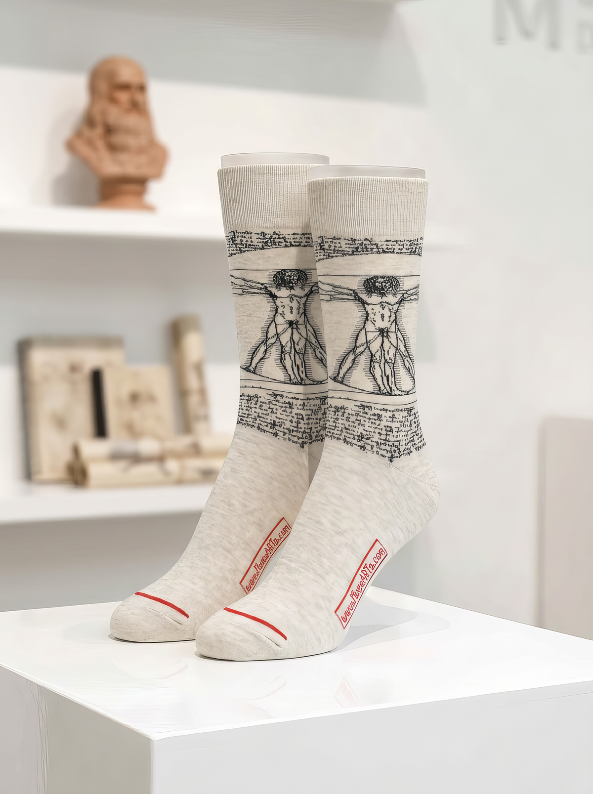 Pair of cream museum art socks with intricate black line illustrations and red accents, displayed upright on a white plinth in a gallery-style setting.
