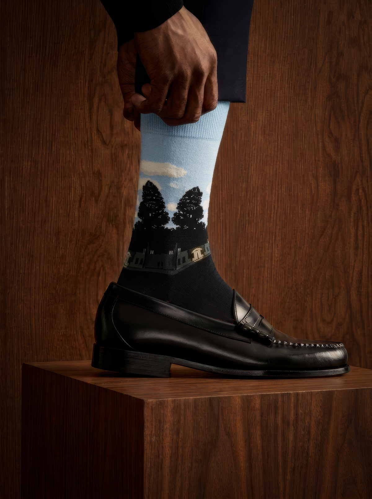 Close-up of an art sock with a pale blue sky design and dark silhouettes, worn with a black leather shoe on a wooden plinth in a dimly lit setting.
