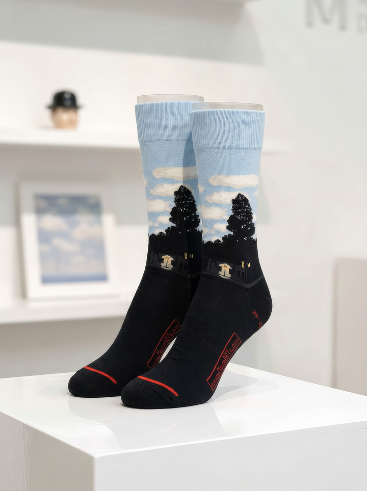 Pair of art socks with pale blue sky, white clouds and dark silhouettes above black feet, displayed upright on a white museum-style plinth.
