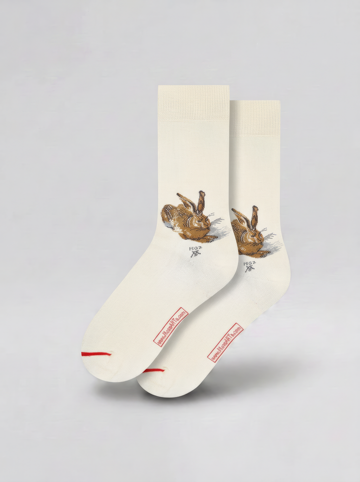 Pair of cream art socks with brown illustrated motifs and fine red accents, displayed against a pale grey background.

