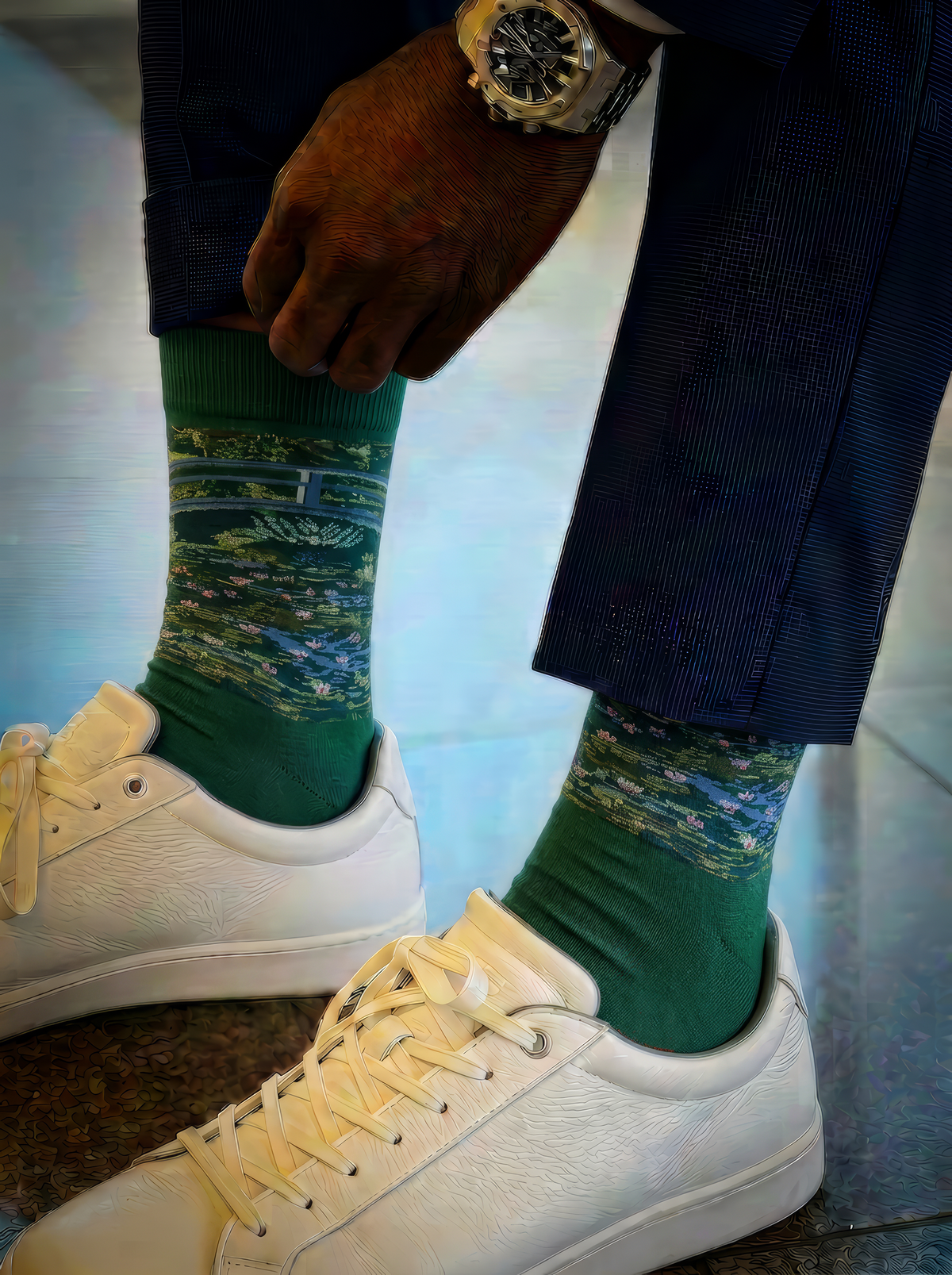 Officially licensed green Claude Monet The Japanese Bridge art socks worn with dark trousers and white sneakers. A stylish birthday, Christmas or corporate gift for women and men.