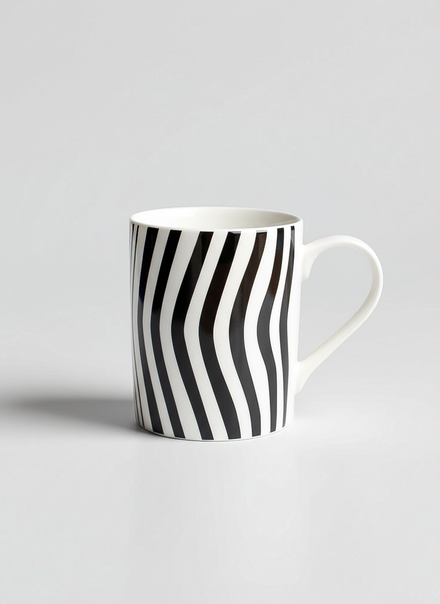 Optical Art porcelain mug close-up – black and white striped art design, ArtyGifts