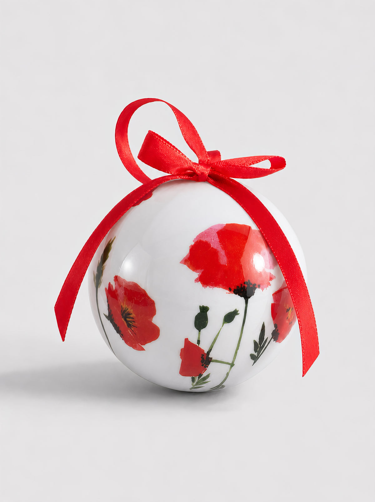 Poppies inspired Christmas bauble close-up with red ribbon – unbreakable art ornament from ArtyGifts