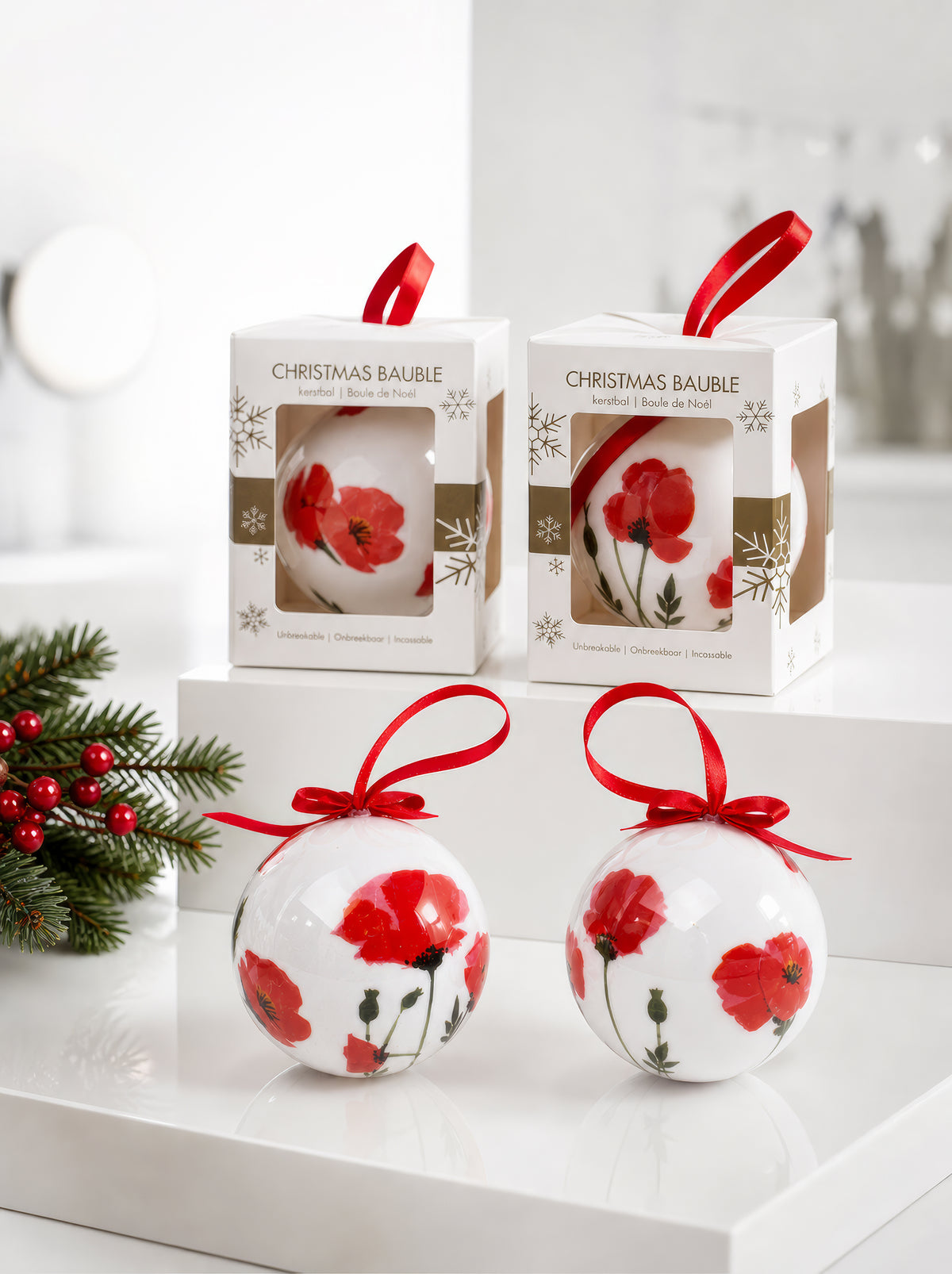 Poppies inspired Christmas baubles with gift boxes – unbreakable art ornament from ArtyGifts