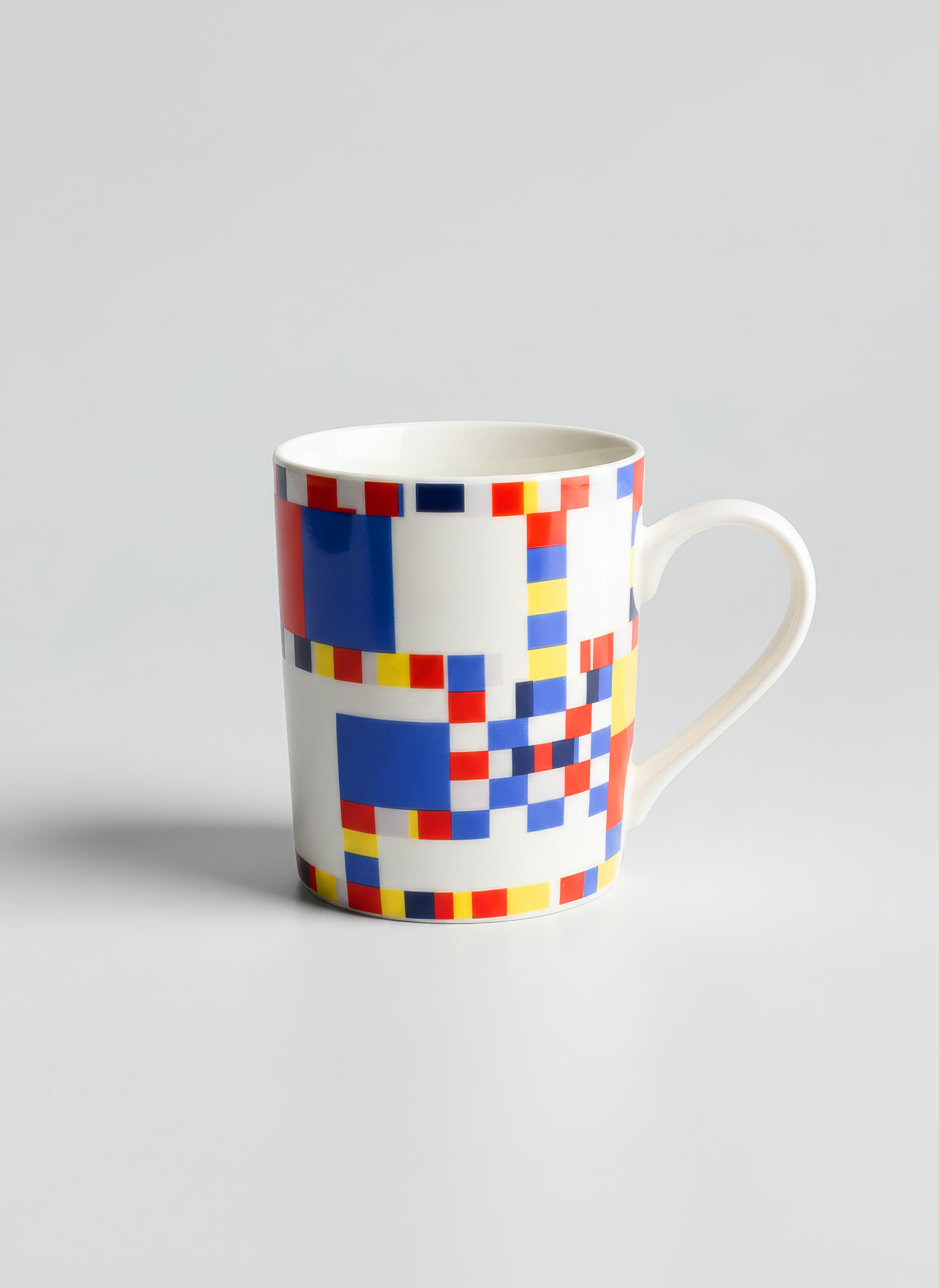 Porcelain Mug Set of 2 Broadway Boogie Woogie Piet Mondrian – multiple mugs museum display overhead view | ArtyGifts

