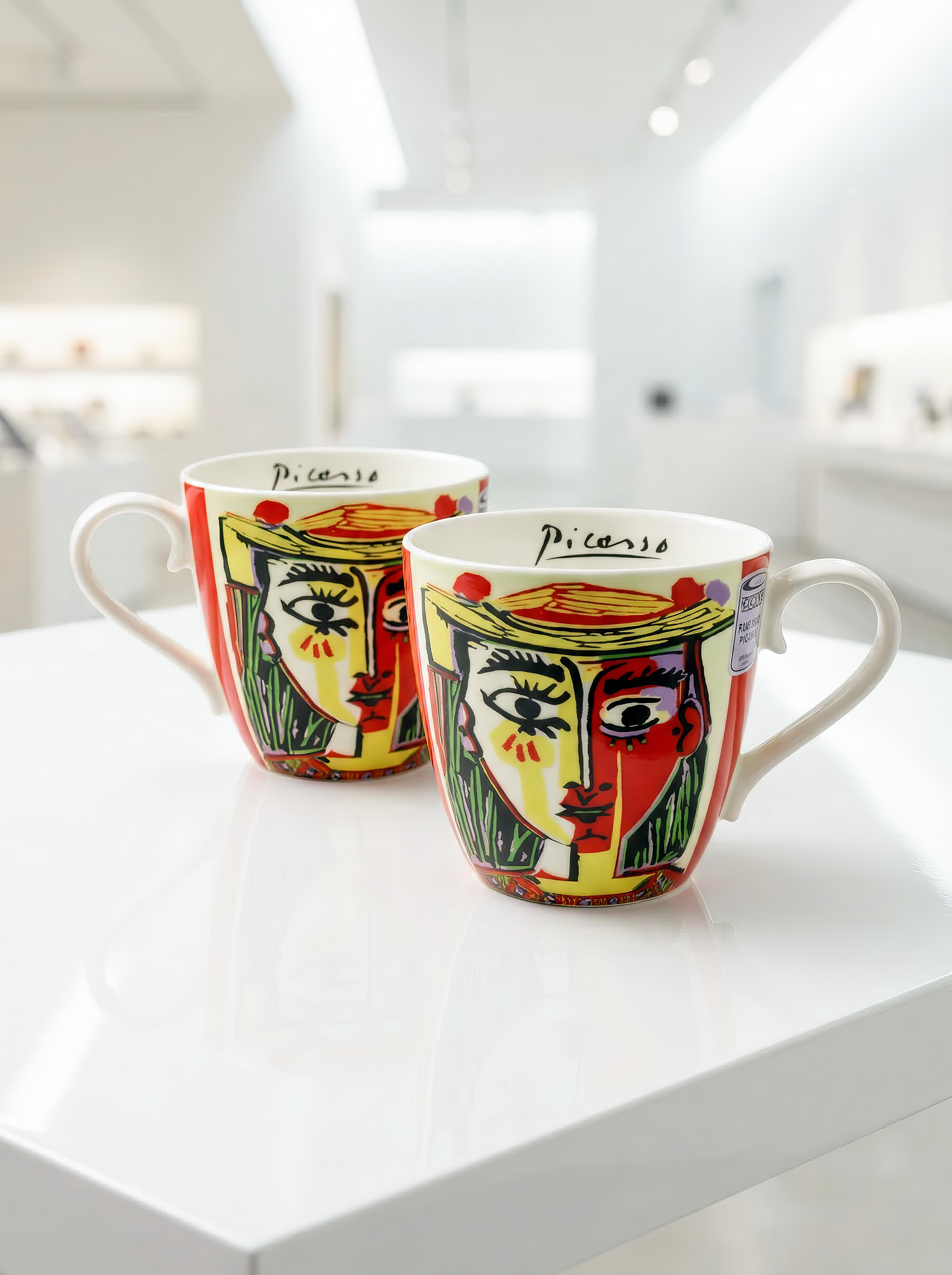 Porcelain Mug Set of 2 Femme au Chapeau Pablo Picasso – two mugs museum display white background | ArtyGifts
