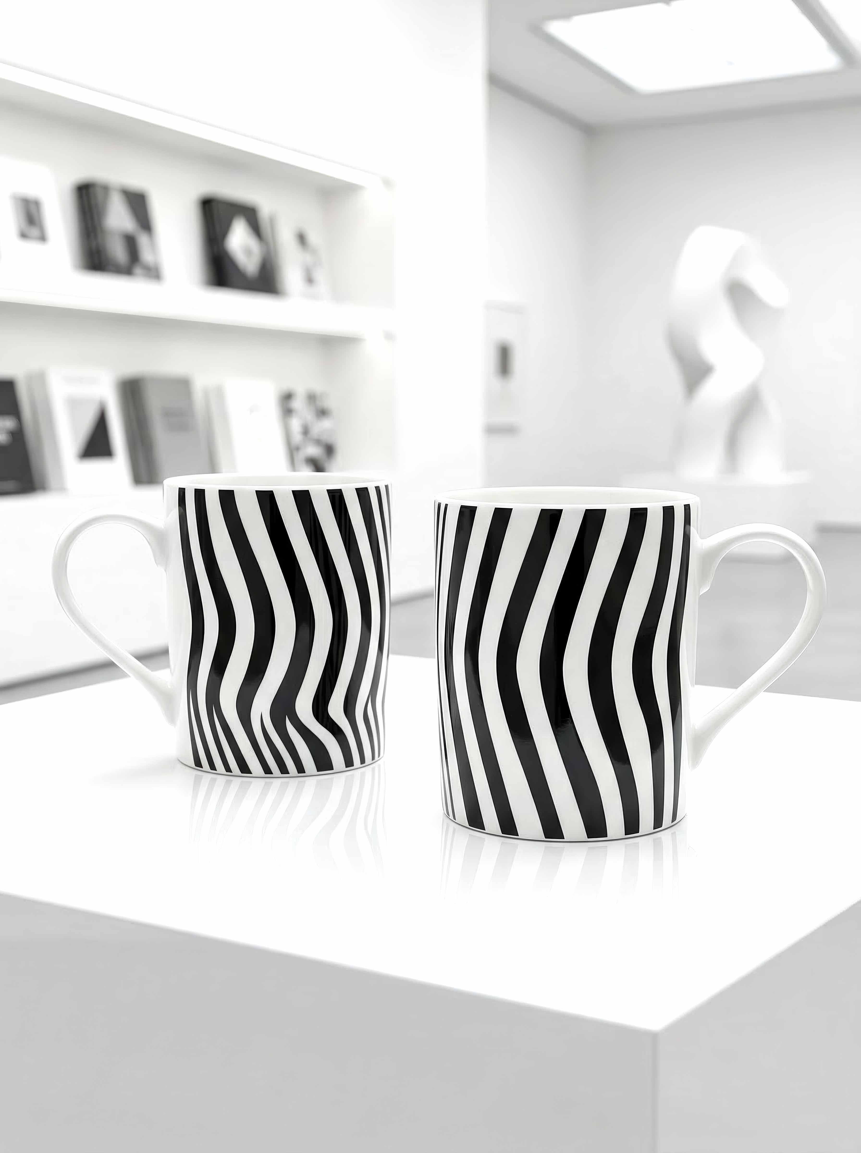 Porcelain Mug Set of 2 Optical Art – two mugs museum display close-up | ArtyGifts
